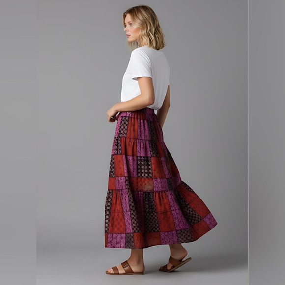 Boho Patchwork Print Maxi Skirt Red - Picture 4 of 11